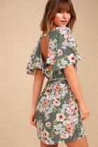 Billabong Fine Flutter Sage Green Floral Print Mini Dress | Lulus