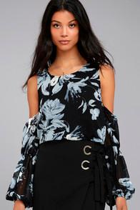 Lulus Kala Black Floral Print Cold Shoulder Top