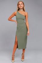Finders Keepers Haunted Olive Green One-shoulder Midi Dress