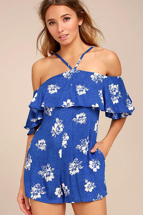 Lulus | Moorea Royal Blue Floral Print Romper | Size Large | 100% Rayon
