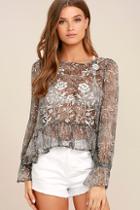 A Calin Whispering Winds Grey Floral Print Embroidered Top