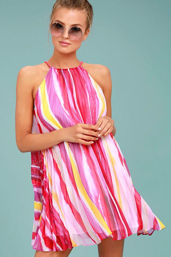 Bb Dakota | Summerlyn Fuchsia Print Swing Dress | Size Medium | Pink | 100% Polyester | Lulus