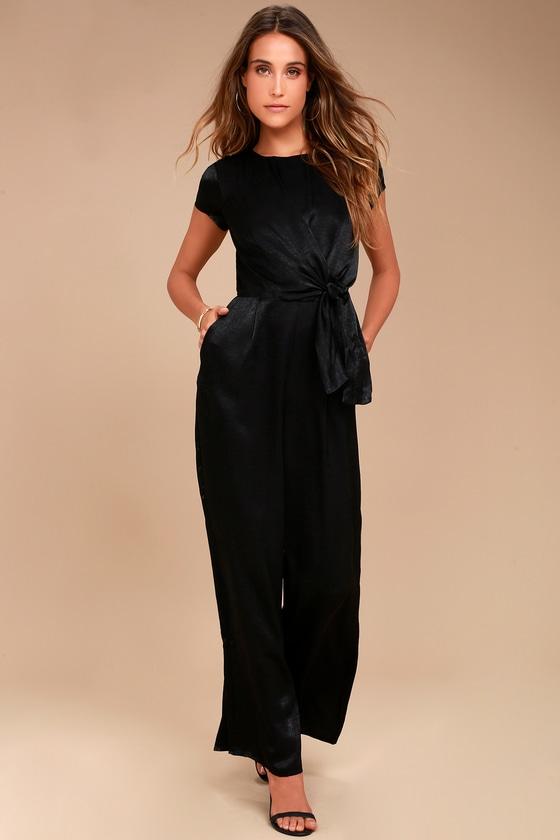 Let Me Entertain You Black Satin Wide-leg Jumpsuit | Lulus