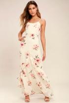 Lulus | Bring The Rain Cream Floral Print Maxi Dress | Size X-large | Beige | 100% Polyester