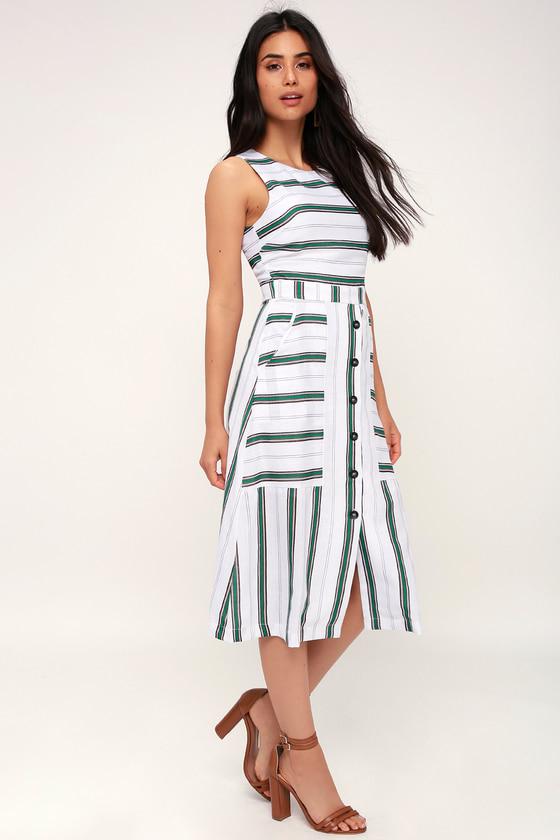J.o.a. Lolana White And Green Striped Button Front Dress | Lulus
