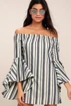 Lulus Along The Tides Navy Blue Striped Off-the-shoulder Dress
