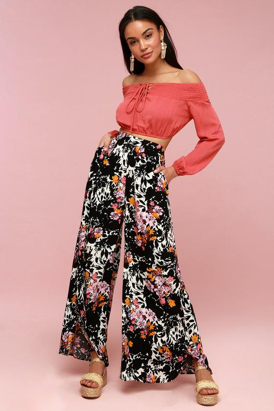 Free People Late Night Black Floral Print Wide-leg Pants | Lulus