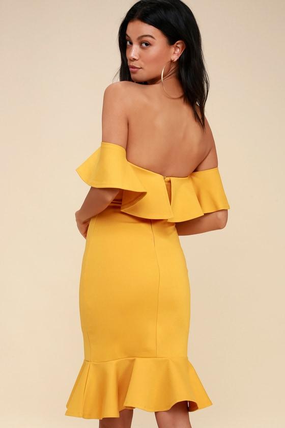 Confidence Boost Mustard Yellow Off-the-shoulder Bodycon Dress | Lulus