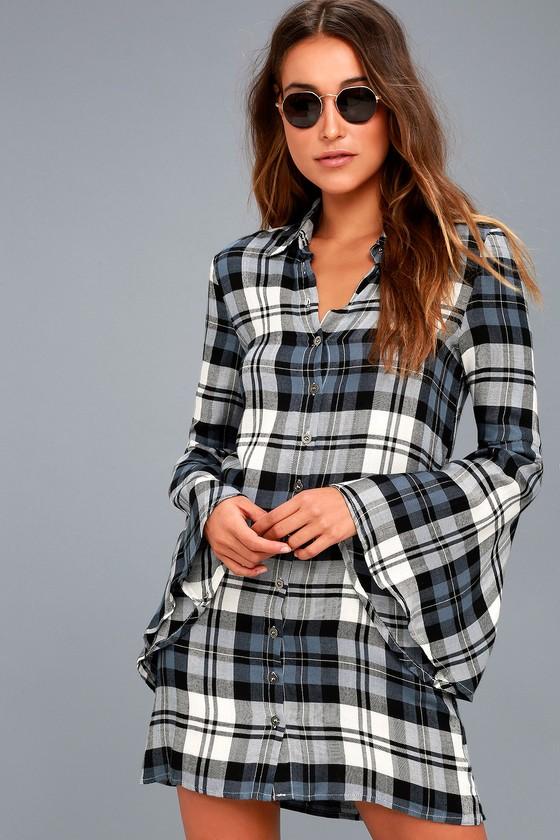 Lulus | Tymber White And Navy Blue Plaid Shirt Dress | Size Medium | 100% Rayon