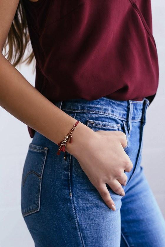 Nepal Gold And Burgundy Beaded Tassel Bracelet | Lulus