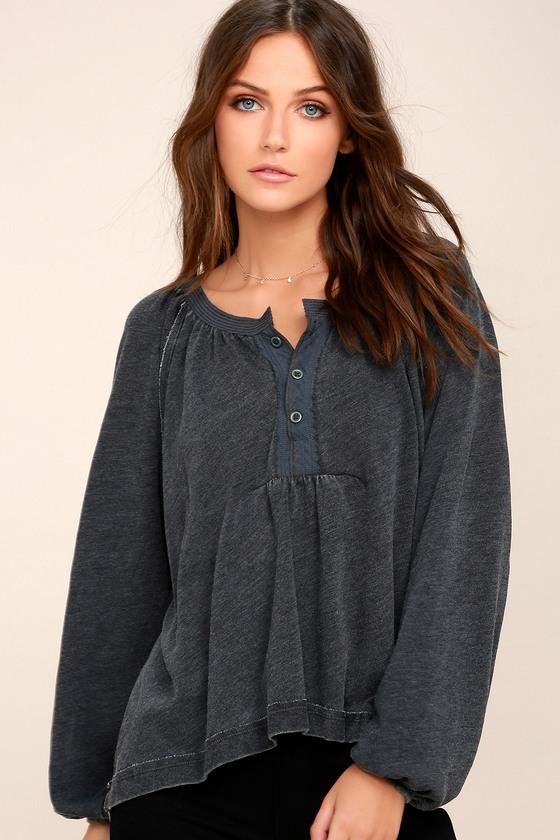 Free People Acadia Washed Black Long Sleeve Henley Top | Lulus