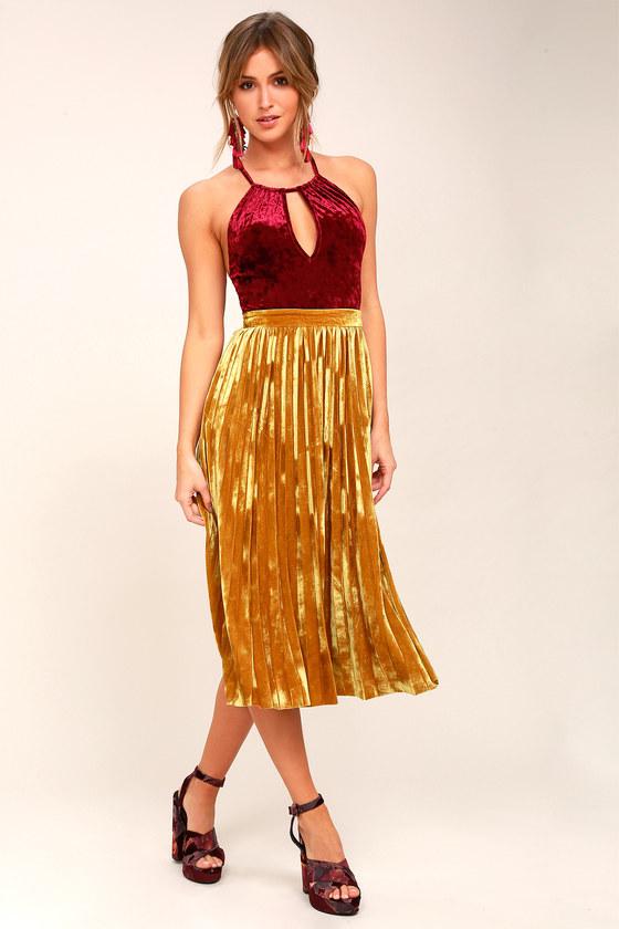 A Calin Hathaway Golden Yellow Velvet Pleated Midi Skirt | Lulus