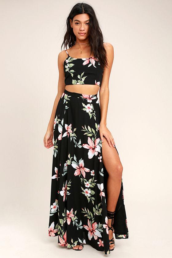 Barefoot At The Beach Black Floral Print Two-piece Maxi Dress | Lulus