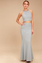 Lulus | Shining Example Blue Grey Rhinestone Two-piece Maxi Dress | Size Large | 100% Polyester