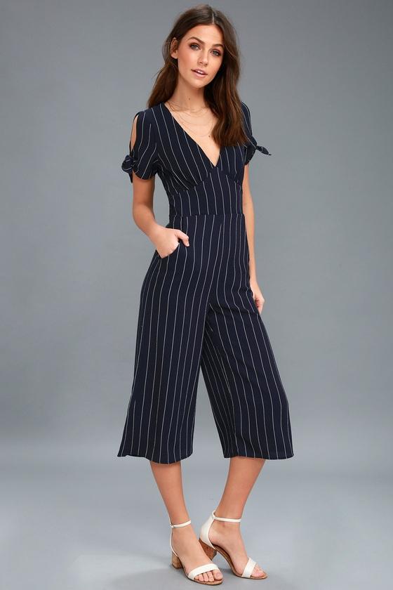 Pacific Coast Navy Blue Striped Culotte Jumpsuit | Lulus