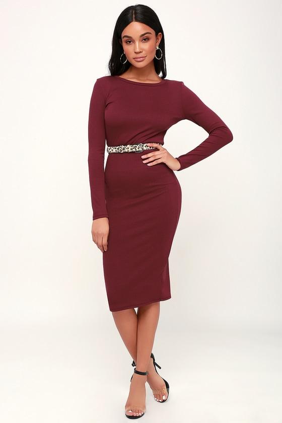 Connelly Burgundy Ribbed Long Sleeve Bodycon Midi Dress | Lulus