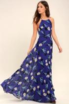 Lulus | All I Need Royal Blue Floral Print Lace-up Maxi Dress | Size Large | 100% Polyester