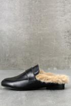 Steve Madden Kaden Black Leather Faux Fur Loafer Slides | Lulus