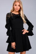 Do & Be | Secret Kiss Black Lace Long Sleeve Skater Dress | Size Small | 100% Polyester | Lulus