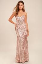 Bariano Rebecca Rose Gold Strapless Sequin Maxi Dress | Lulus