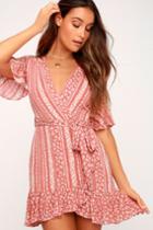 Lost + Wander Suns Out Coral Pink Print Wrap Dress | Lulus