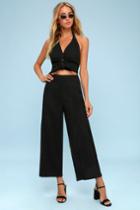 First Monday Peekaboo Black Cutout Tie-front Halter Jumpsuit | Lulus