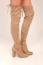 Lulus | So Much Yes Taupe Suede Over The Knee High Heel Boots | Size 5.5 | Beige | Vegan Friendly