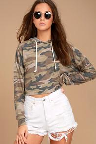 Lulus Cute Cadet Green Camo Print Cropped Hoodie