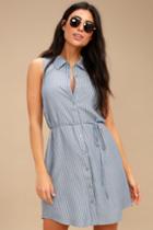 Moss Blue And Grey Striped Sleeveless Shirt Dress | Lulus