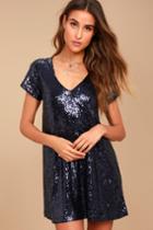 Lulus | Light Up The Night Navy Blue Sequin Shift Dress | Size X-small | 100% Polyester