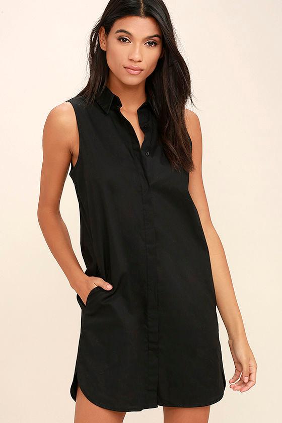 Lulus | Prep Up Black Sleeveless Shirt Dress | Size Large