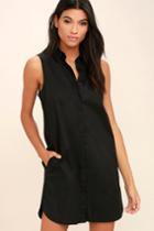 Lulus | Prep Up Black Sleeveless Shirt Dress | Size Large