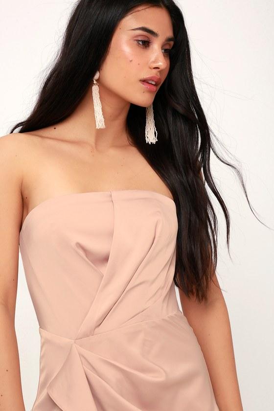 C/meo No Less Light Blush Satin Ruffled Strapless Midi Dress | Lulus