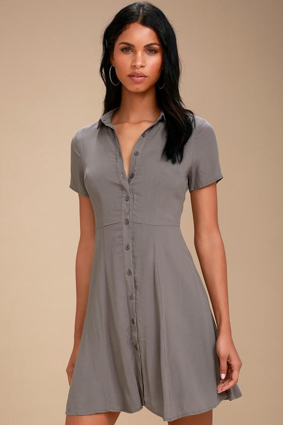 Daily Delight Grey Collared Button-up Skater Dress | Lulus