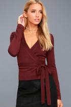 Lulus All Wrapped Up Burgundy Long Sleeve Sweater Top
