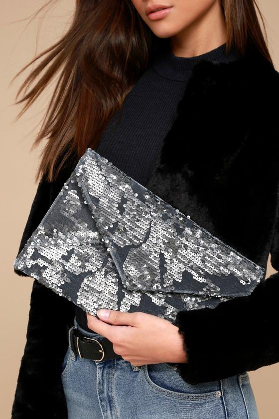 Lulus | Dare To Dazzle Gunmetal Sequin Envelope Clutch | Grey