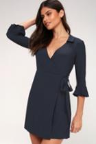 Cardwell Navy Blue Flounce Sleeve Wrap Dress | Lulus