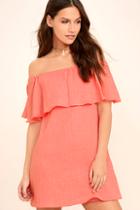 Lulus Hello Sunshine Coral Orange Off-the-shoulder Dress