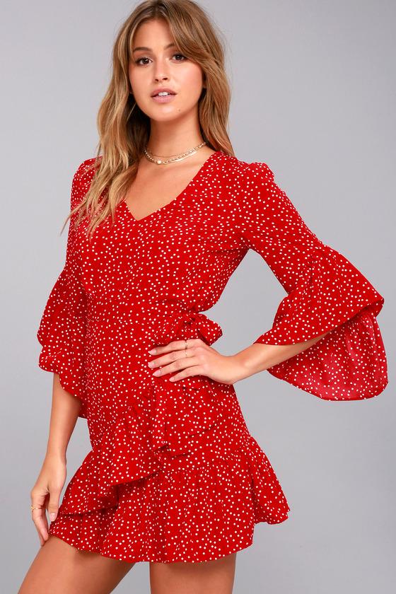 Lulus | Whole Heart Red Polka Dot Wrap Dress | Size Large | 100% Polyester