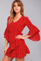 Lulus | Whole Heart Red Polka Dot Wrap Dress | Size Large | 100% Polyester