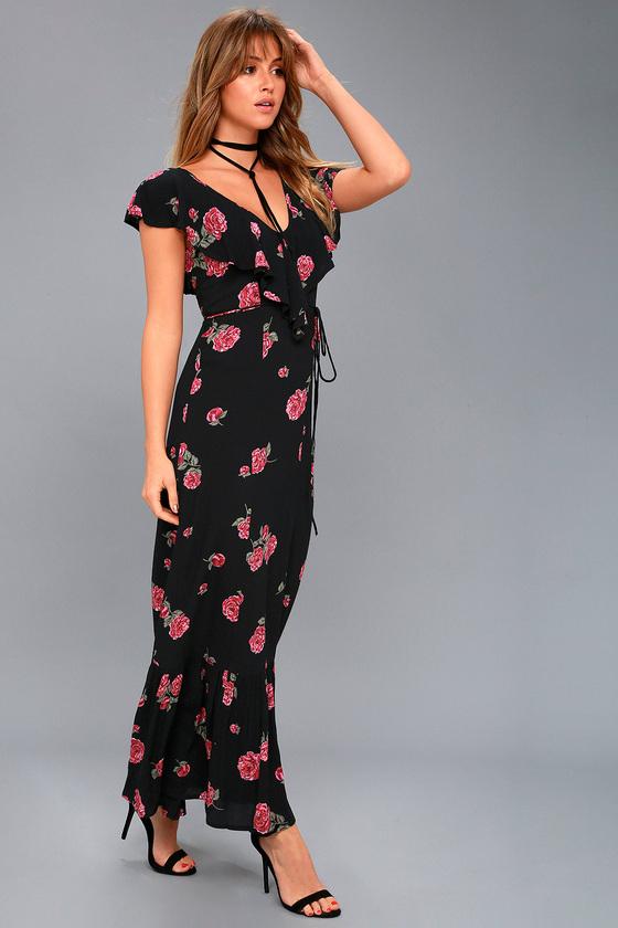 Billabong | Southern Border Black Floral Print Maxi Dress | Size X-small | 100% Rayon | Lulus