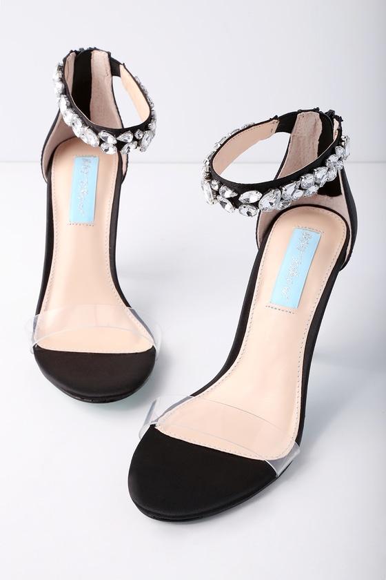 Betsey Johnson Drew Black Satin Rhinestone Ankle Strap Heels | Lulus