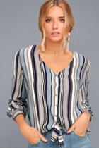 Lulus | Always Faithful Blue Striped Long Sleeve Knotted Top | Size Large | 100% Cotton