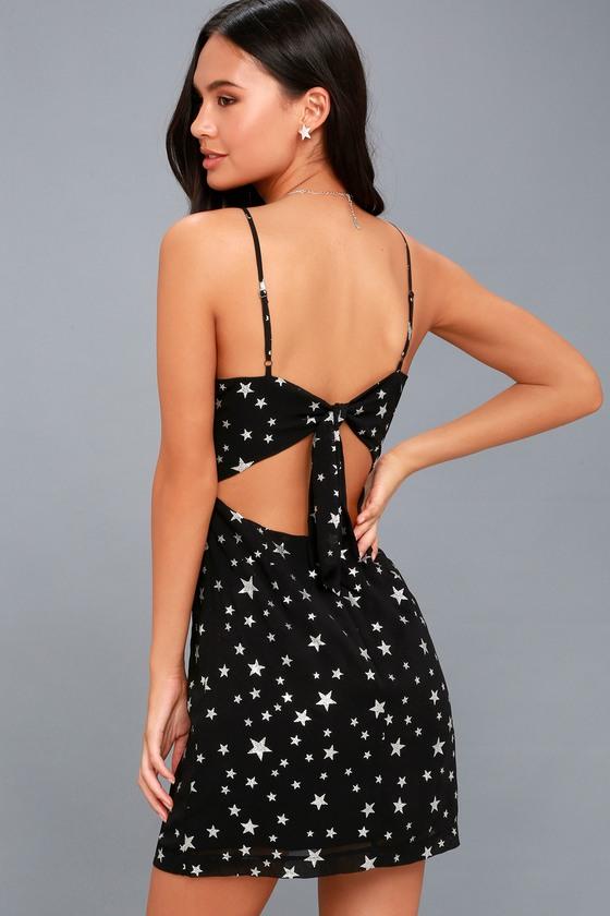 Lulus | Starlight Up My Life Black Star Print Tie-back Mini Dress | Size Large | 100% Polyester