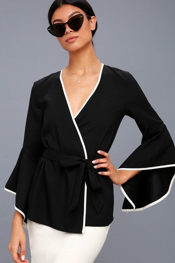 Lulus | Auden Black And White Flounce Sleeve Wrap Top
