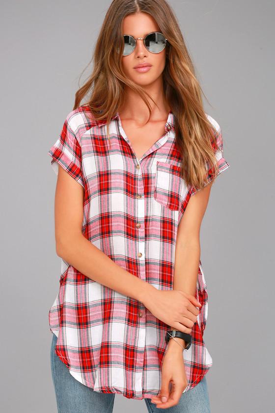 Lulus | Here We Go Red Plaid Button-up Top | Size Large | 100% Rayon