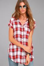 Lulus | Here We Go Red Plaid Button-up Top | Size Large | 100% Rayon