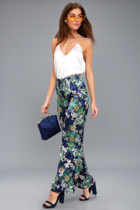 I Got You Babe Navy Blue Floral Print Satin Wide-leg Pants | Lulus