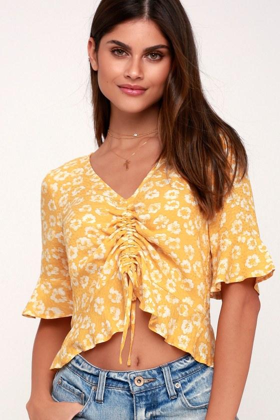 Fleur You In Mustard Yellow Floral Print Ruched Crop Top | Lulus
