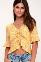 Fleur You In Mustard Yellow Floral Print Ruched Crop Top | Lulus